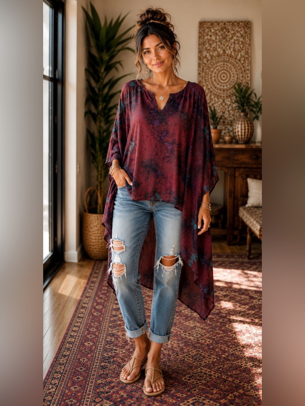 NWT Rhea Tie Dye Rayon Kaftan Tunic Top One Size Boho Burgundy Teal A30